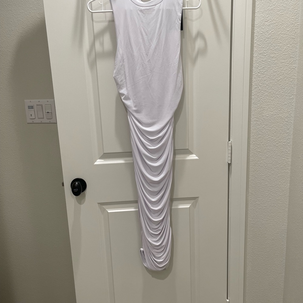 Fashion nova white ruched high neck body on dress NWT